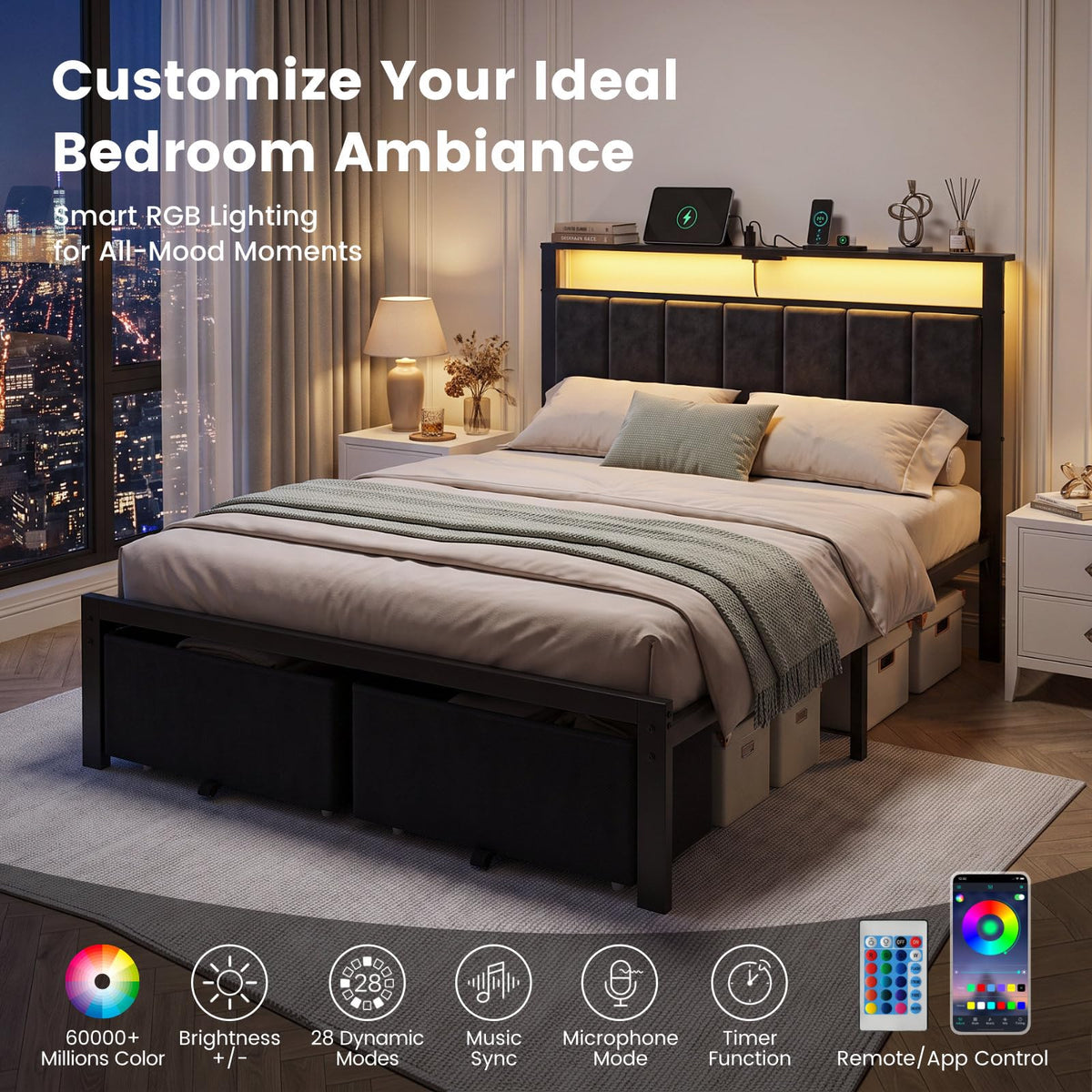 Full Size Bed Frame with Upholstered Headboard and 2 Storage Drawers I859490