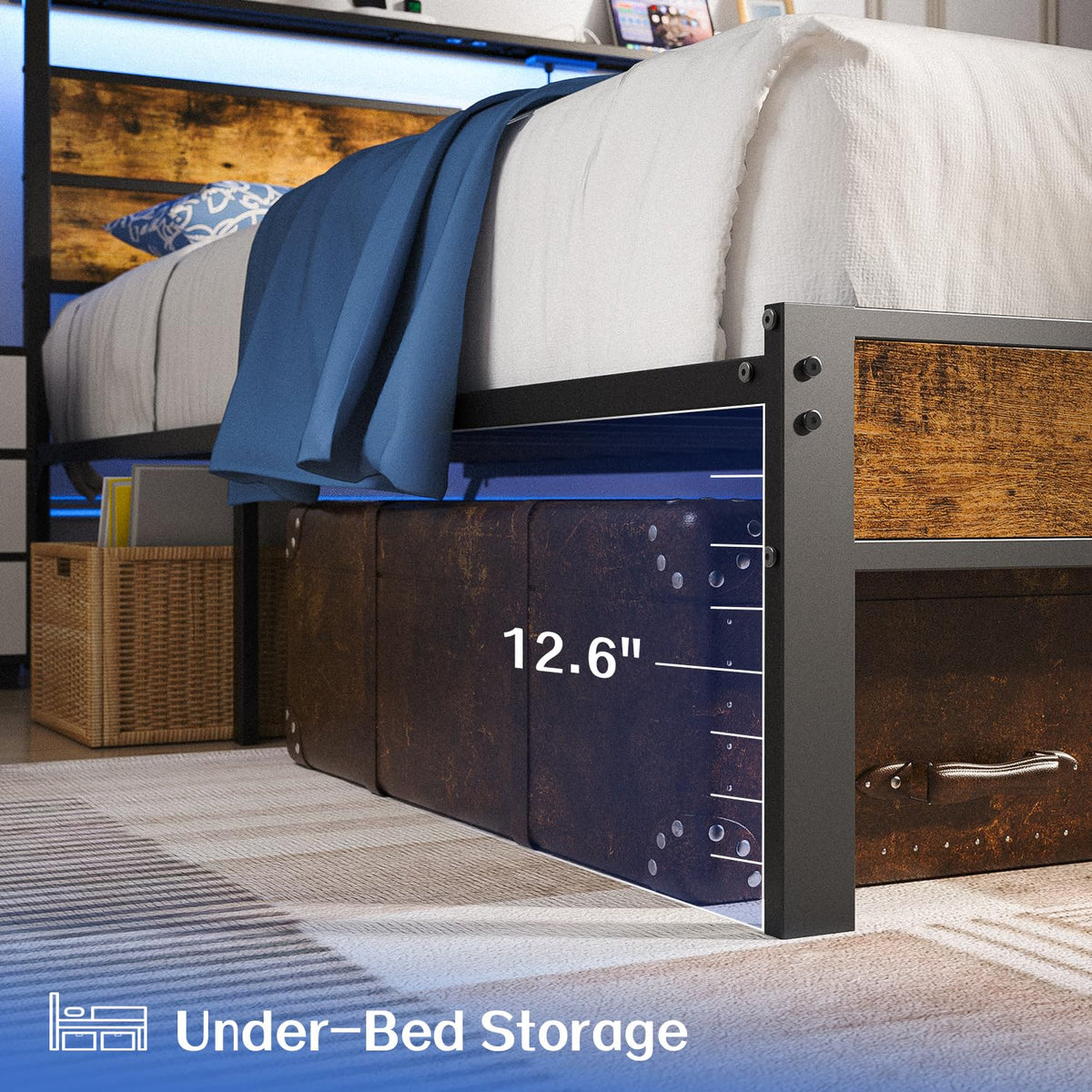 Full Size Platform Bed Frame with Charging Station Headboard and LED Lights M5716