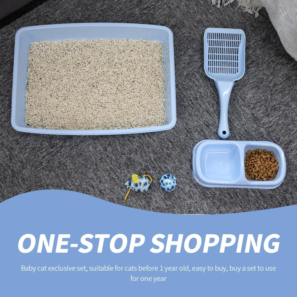 Cat Litter Box Set with Litter Scoop, Double Dish Cat Bowl, Mouse and Ball Toy M100660