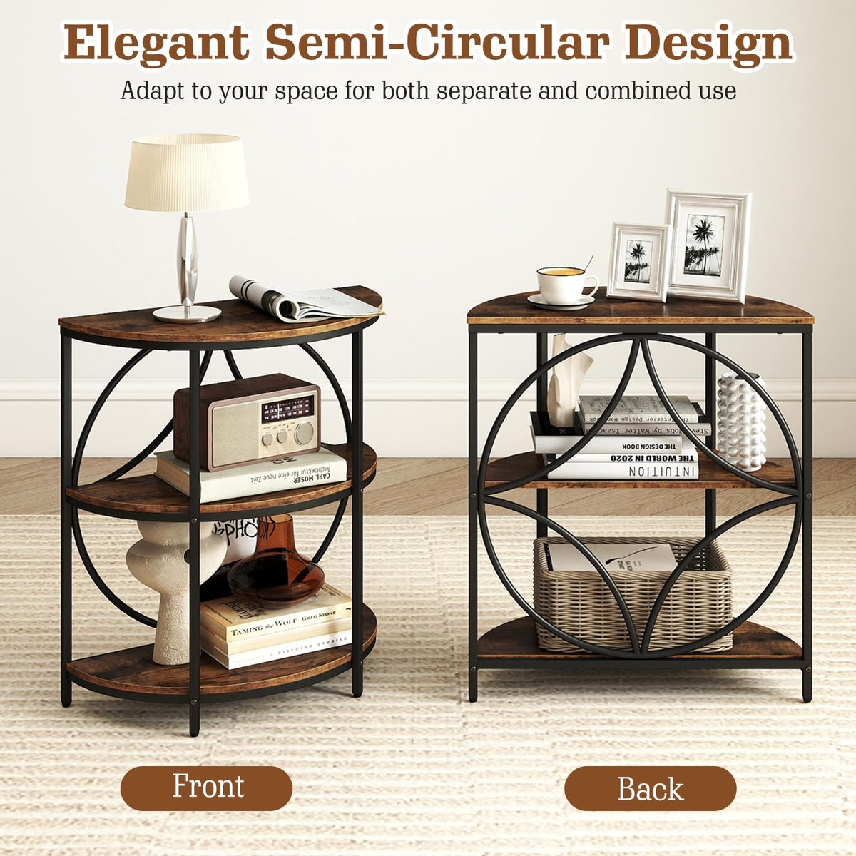 Half Round 3-Tier Sofa Side Table with Storage Shelves N975259
