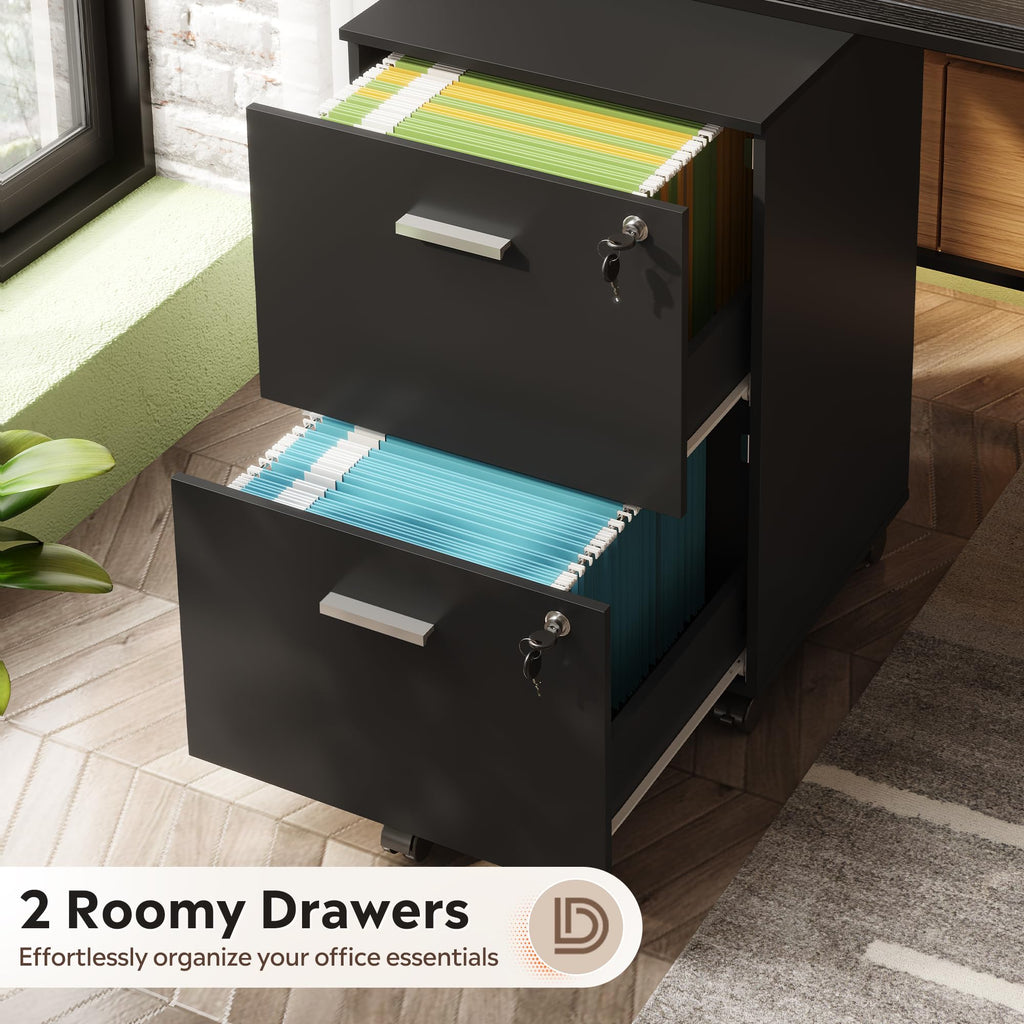 2 Drawer Wood File Cabinet with Lock, Black O894