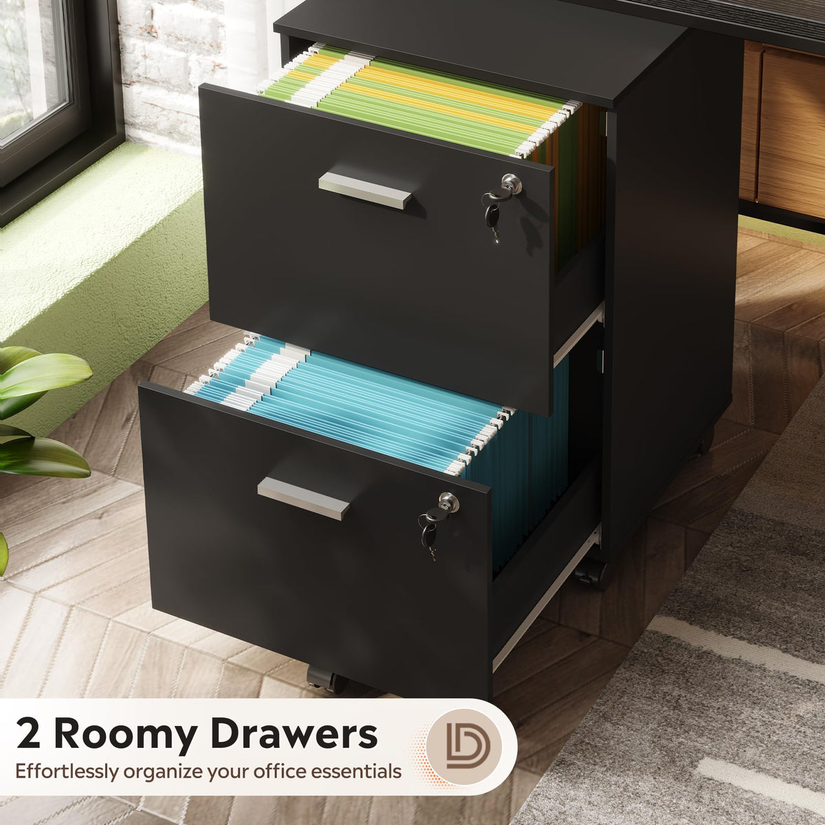 2 Drawer Wood File Cabinet with Lock, Black O894