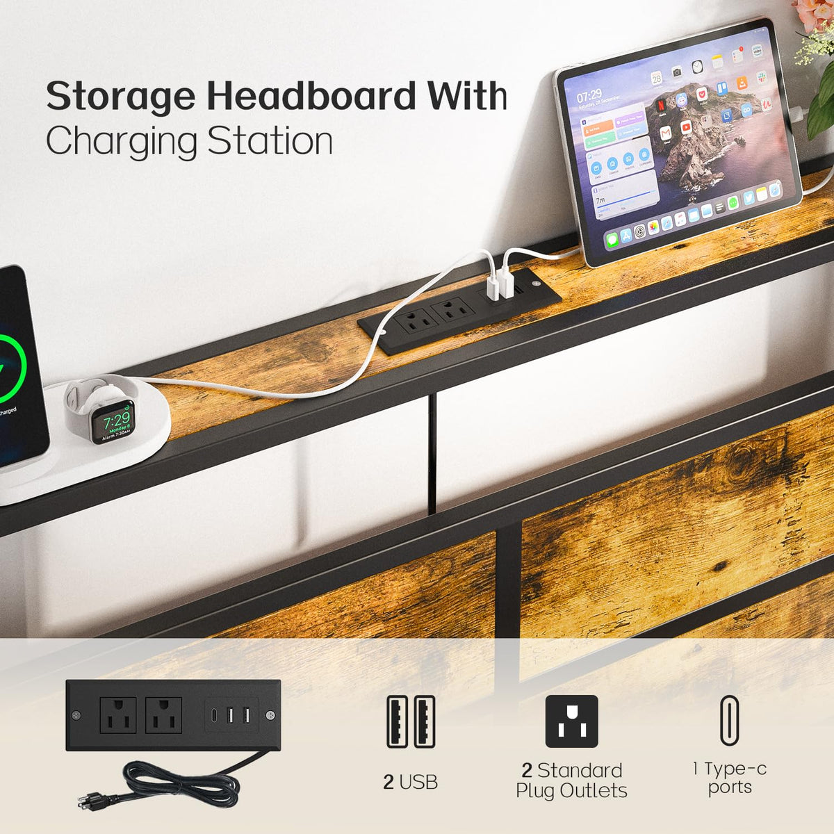 Full Size Platform Bed Frame with Charging Station Headboard and LED Lights M5716