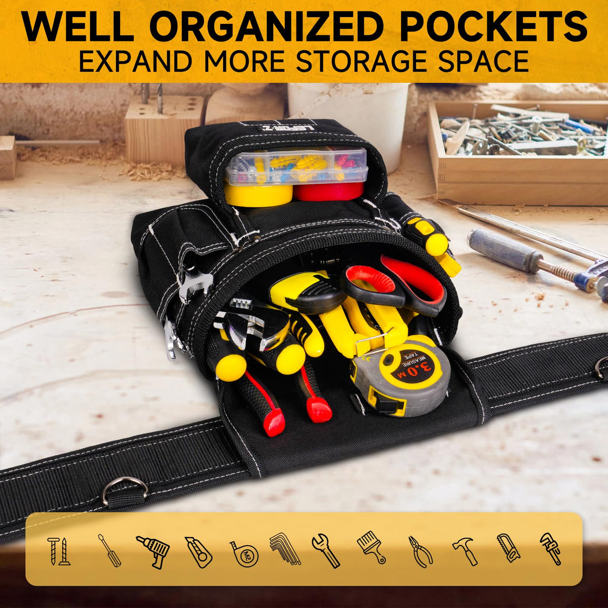 Tool Belt with 4 D-Rings, 27-Pockets U516