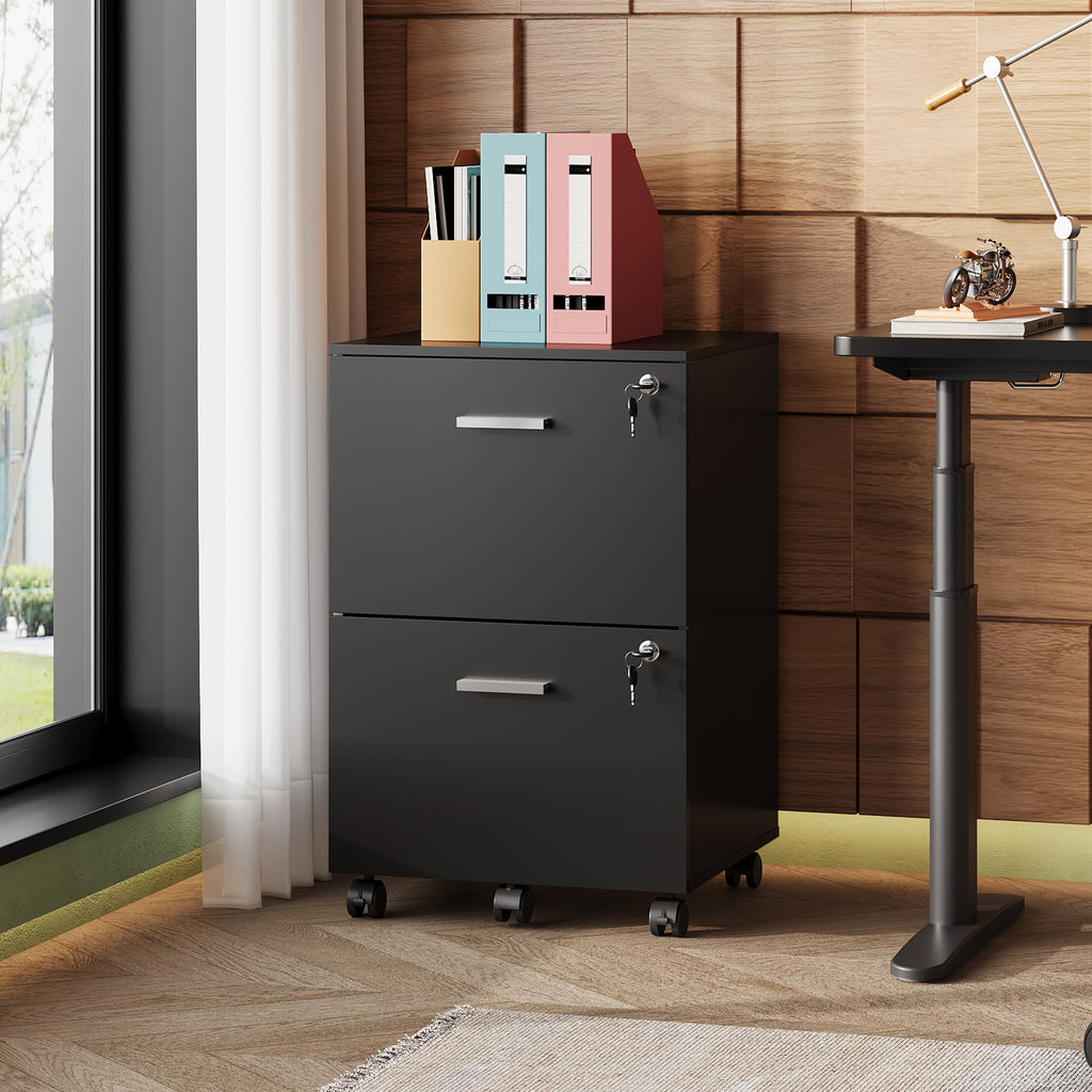 2 Drawer Wood File Cabinet with Lock, Black O894