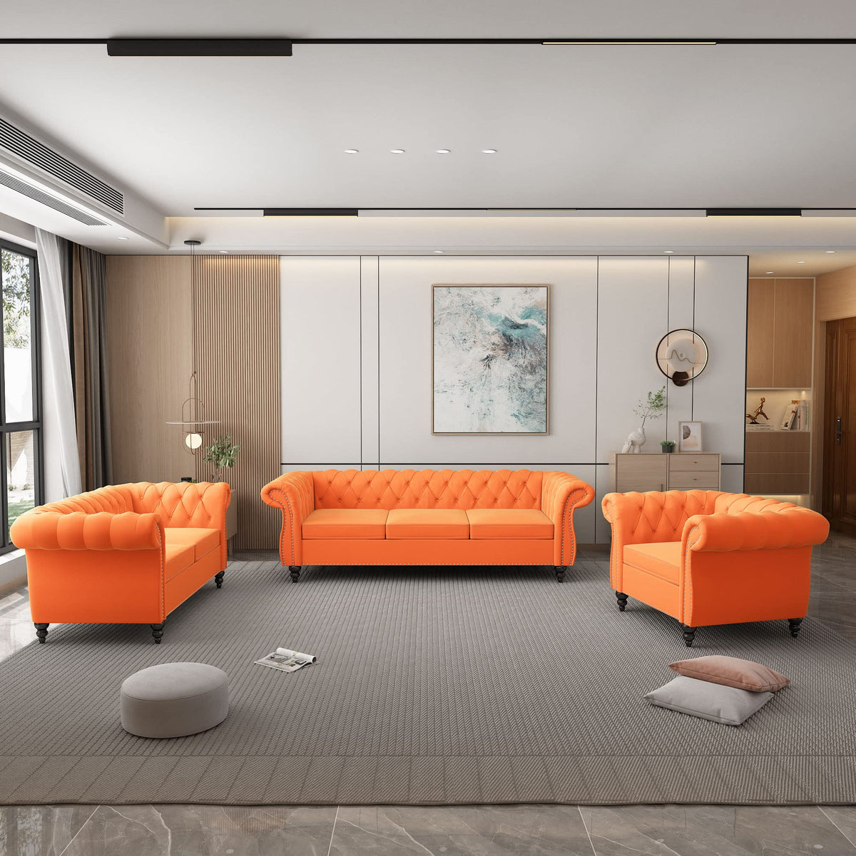 Orange Velvet Chesterfield Sofa Loveseat and Chair E3784