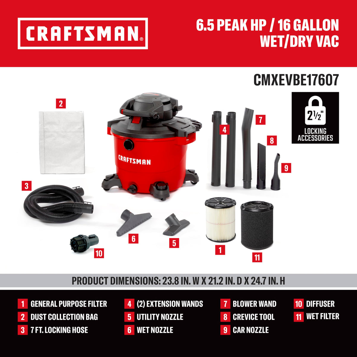 16 Gallon 6.5 Peak HP Wet Dry Vac with Detachable Blower L487