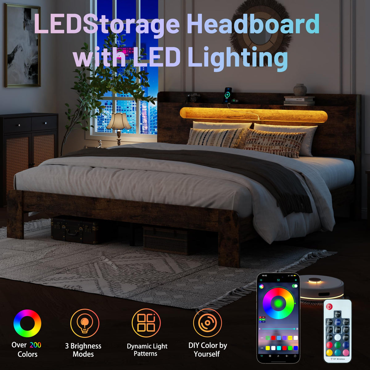 Queen Bed Frame with Storage Headboard and Charging Station Q92187