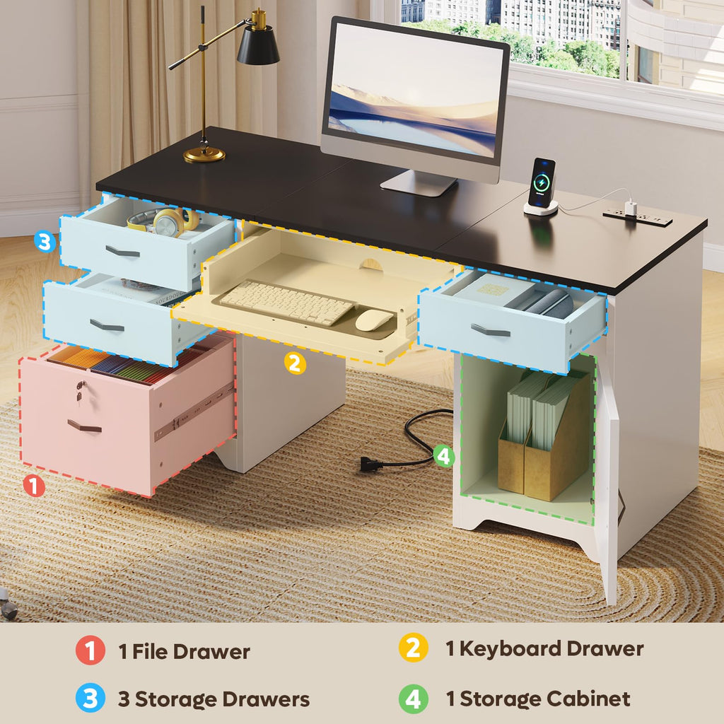 White Office Desk with Lockable Drawers and Charging Station X550920