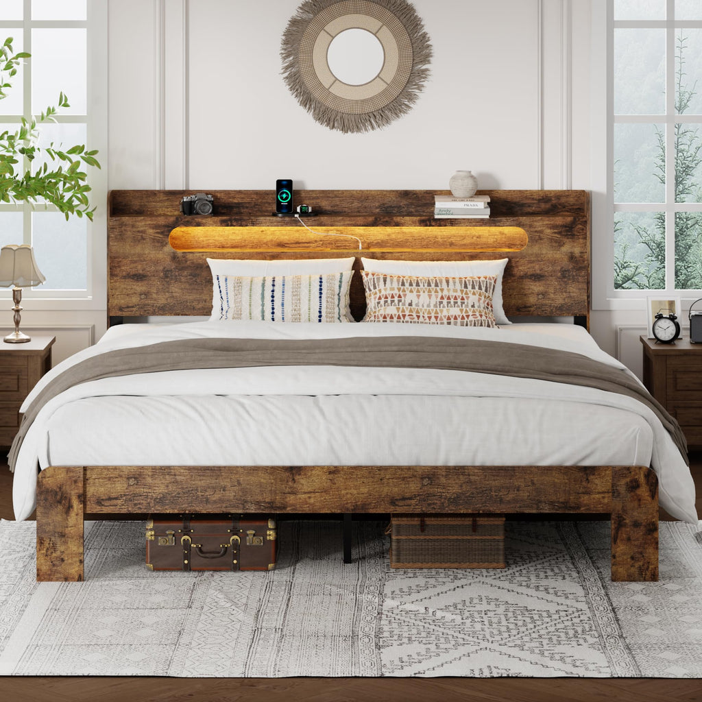 Queen Bed Frame with Storage Headboard and Charging Station Q92187
