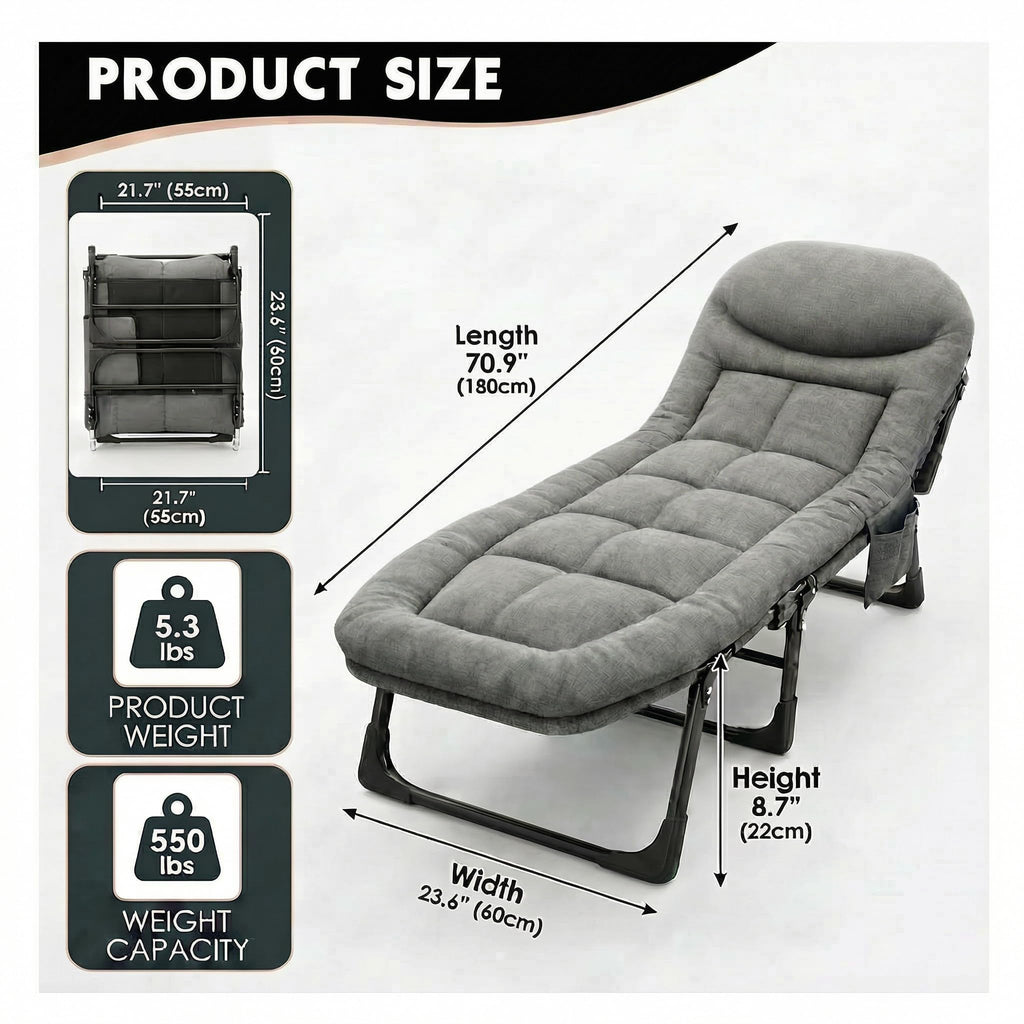 Folding Camping Cot with Mattress and Pillow, Grey W5708