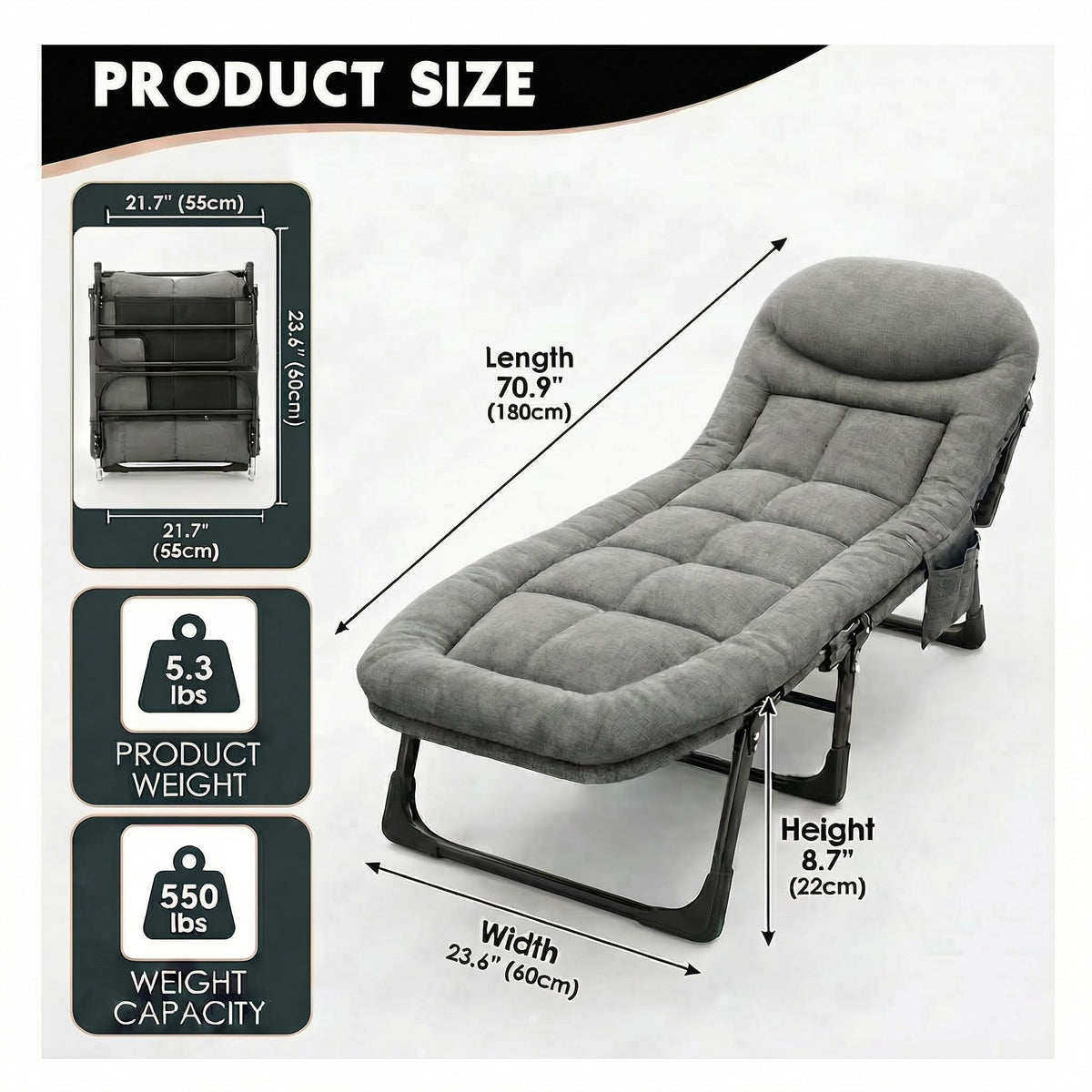 Folding Camping Cot with Mattress and Pillow, Grey W5708