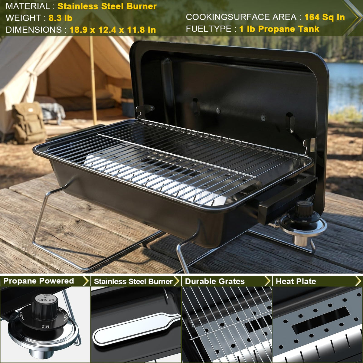 Portable Propane Gas Grill with Foldable Legs Q5938