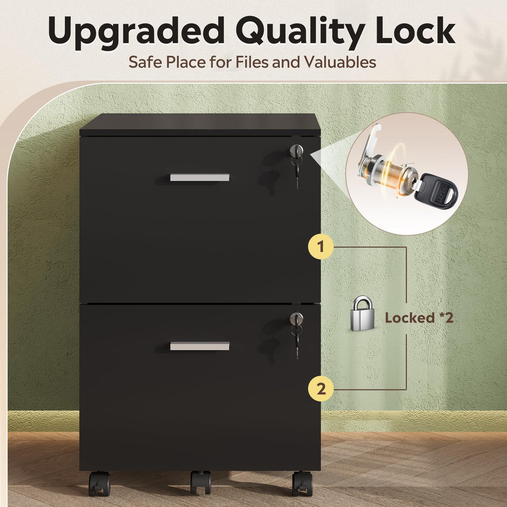 2 Drawer Wood File Cabinet with Lock, Black O894
