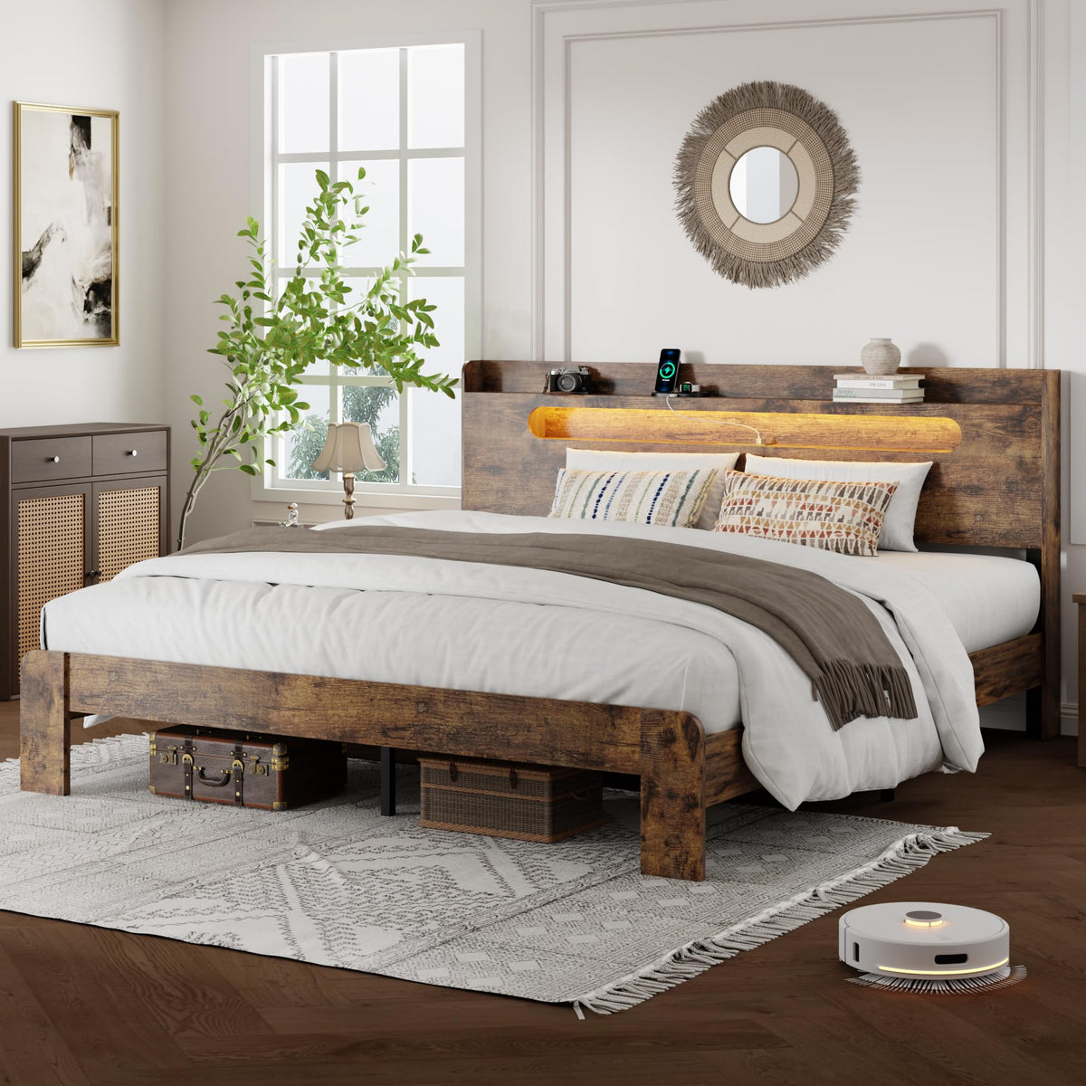 Queen Bed Frame with Storage Headboard and Charging Station Q92187
