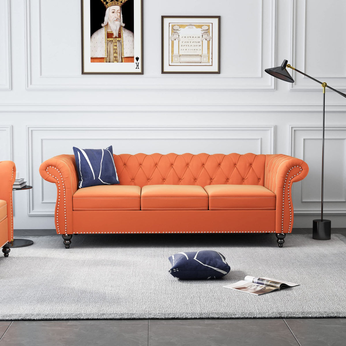 Orange Velvet Chesterfield Sofa Loveseat and Chair E3784