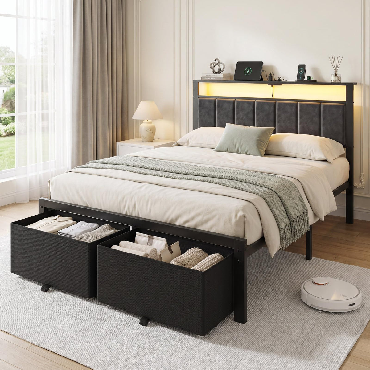 Full Size Bed Frame with Upholstered Headboard and 2 Storage Drawers I859490