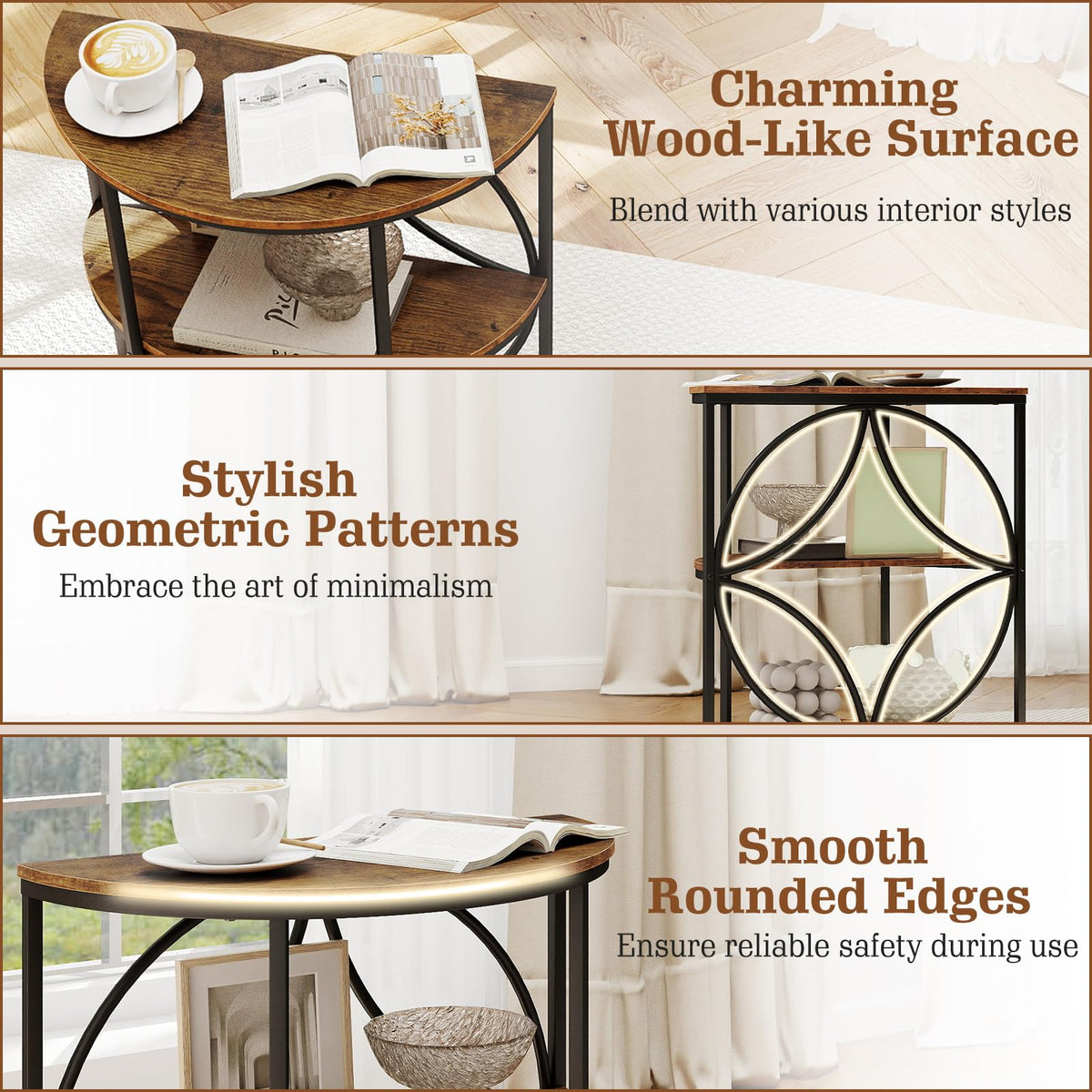Half Round 3-Tier Sofa Side Table with Storage Shelves N975259