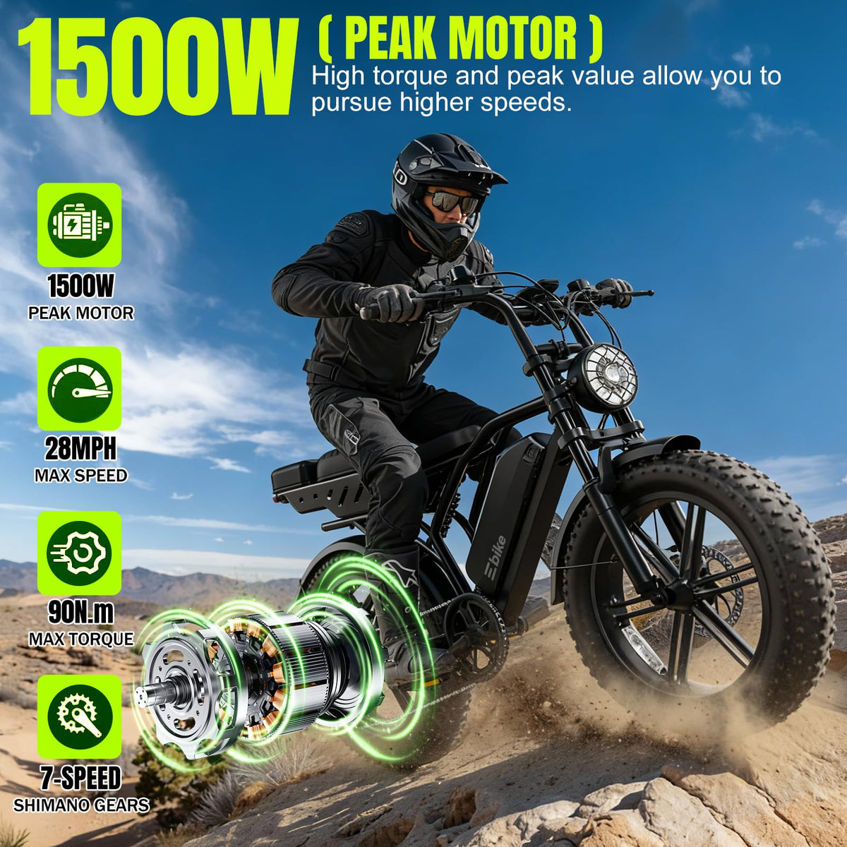 Electric Bike 48V 15Ah Battery 1500W Peak Motor 20 * 4.0 Fat Tire U31144