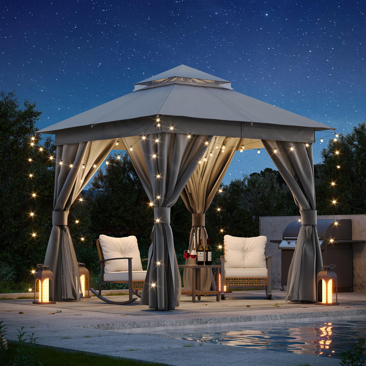 8'x8' Heavy Duty Patio Gazebo with Double Roofs, Mosquito Nettings and Privacy Screens G274091