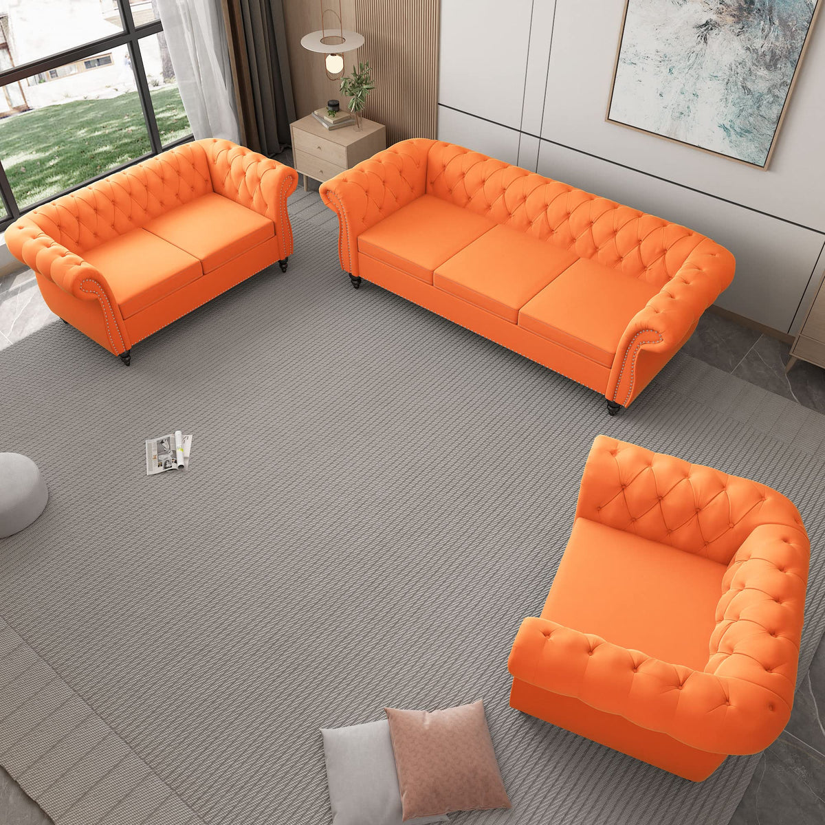 Orange Velvet Chesterfield Sofa Loveseat and Chair E3784