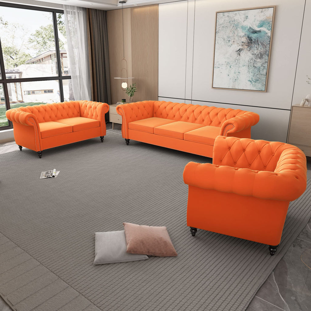 Orange Velvet Chesterfield Sofa Loveseat and Chair E3784